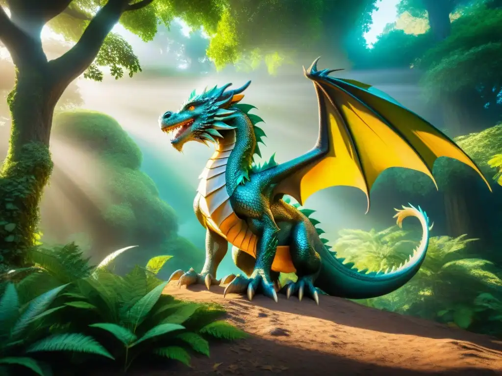 Un majestuoso dragón con escamas iridiscentes desarrolla estilo narrativo único, sobrevuela un bosque encantado