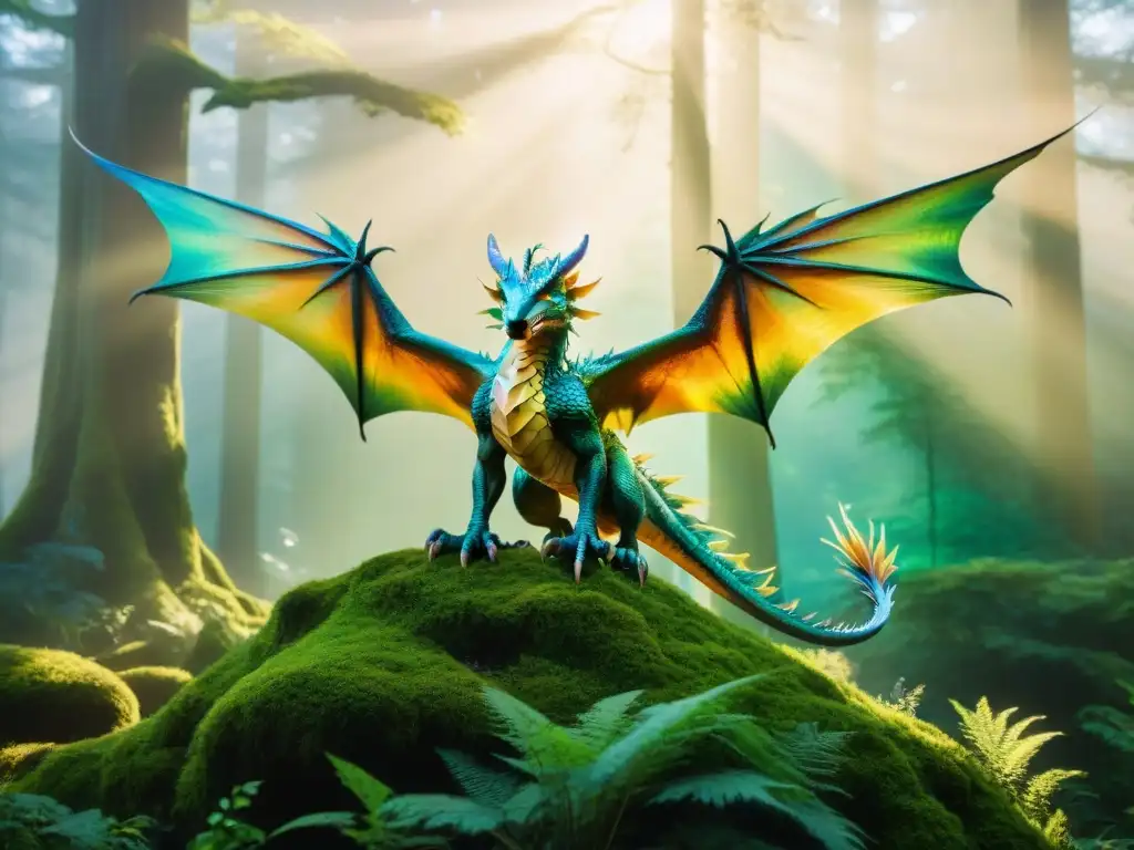 Dragón majestuoso surca cielo dorado sobre bosque encantado Un majestuoso dragón con escamas iridiscentes reflejando la luz del sol, surcando el cielo sobre un bosque encantado