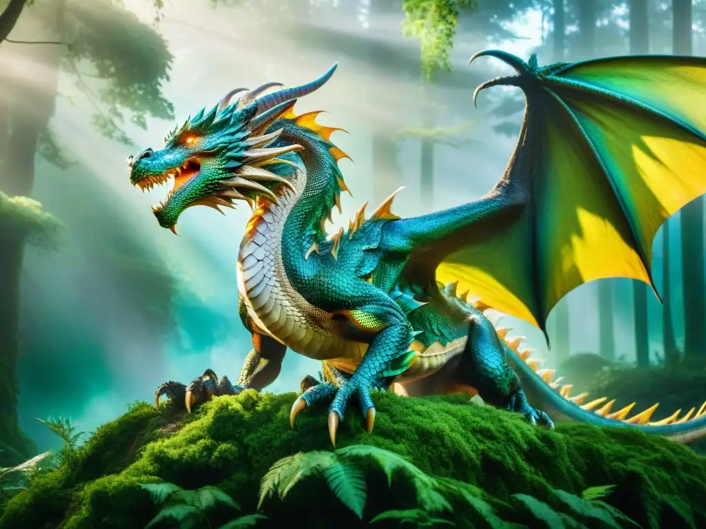 Dragón majestuoso en bosque antiguo: misterio y maravilla Un majestuoso dragón con escamas iridiscentes, sobrevolando un antiguo bosque con niebla alrededor