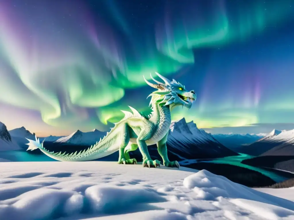 Dragón de hielo mítico en paisaje helado Un majestuoso dragón de hielo con escamas relucientes reflejando un paisaje gélido