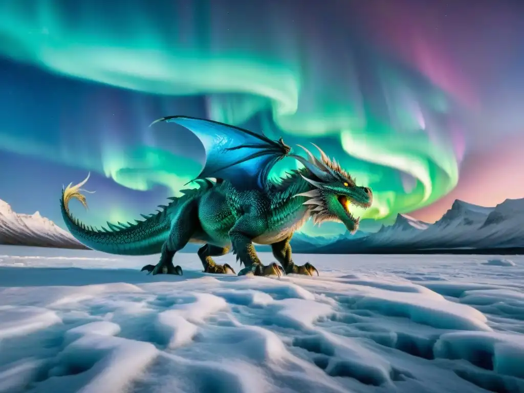 Dragón de hielo en Aurora Boreal: belleza y peligro Un majestuoso dragón de hielo sobre un paisaje helado, con seres míticos en cambio climático