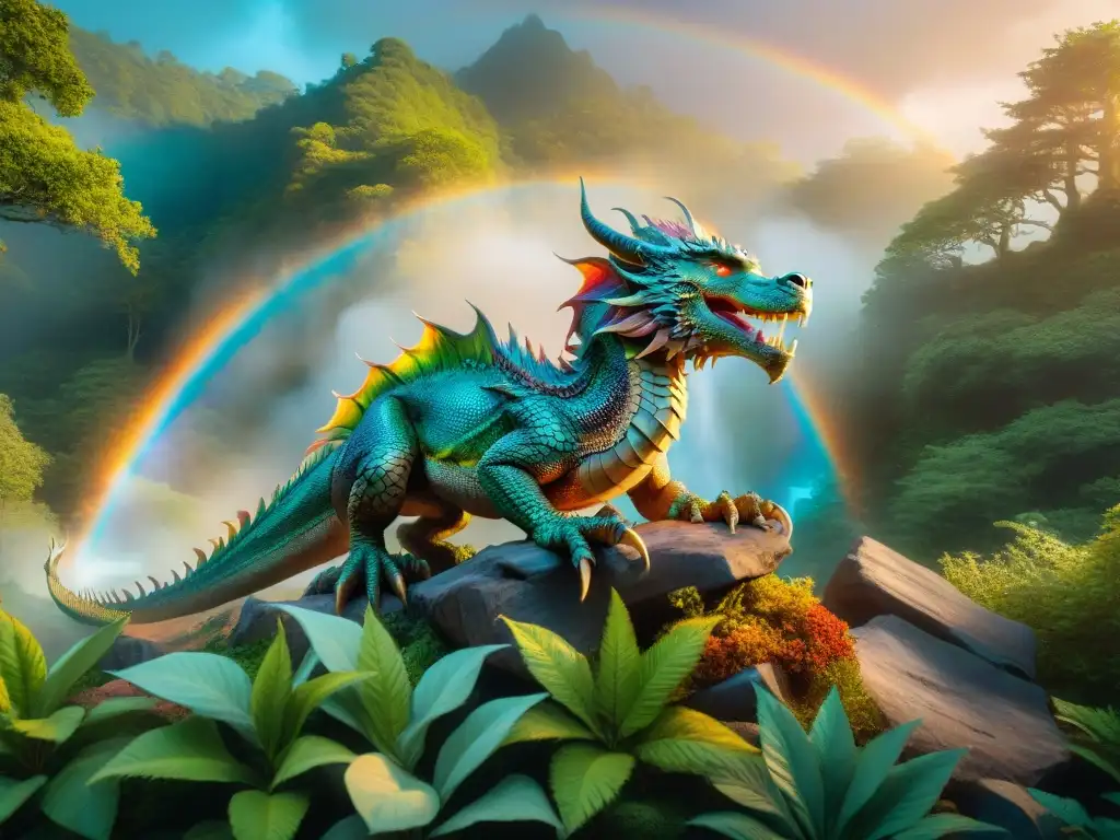 Dragón místico sobre reliquias brillantes en bosque encantado Un majestuoso dragón sobre reliquias antiguas, en un bosque místico al atardecer