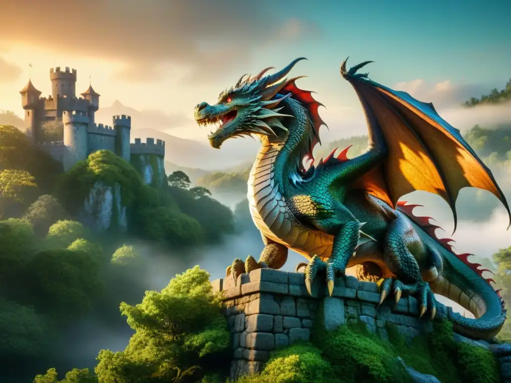 Dragón majestuoso en torre de piedra: ilustración detallada Un majestuoso dragón en una torre de piedra, rodeado de misterio en un bosque encantado al atardecer