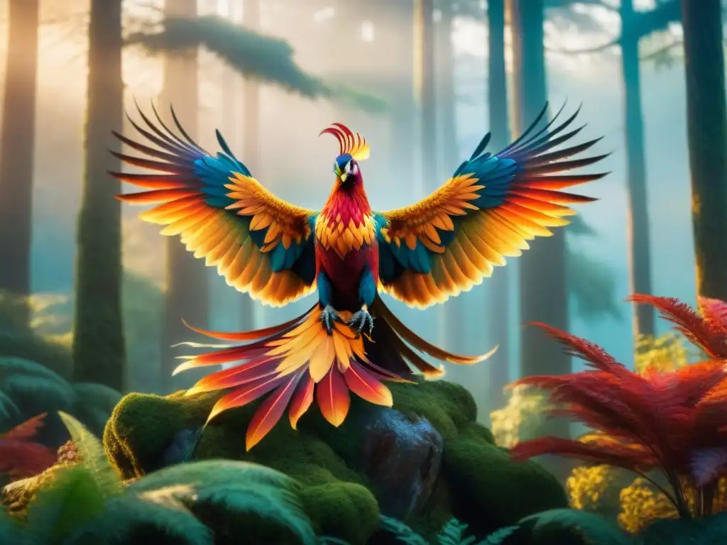 Fénix majestuoso surcando bosque místico Un majestuoso fénix surca un bosque místico y vibrante