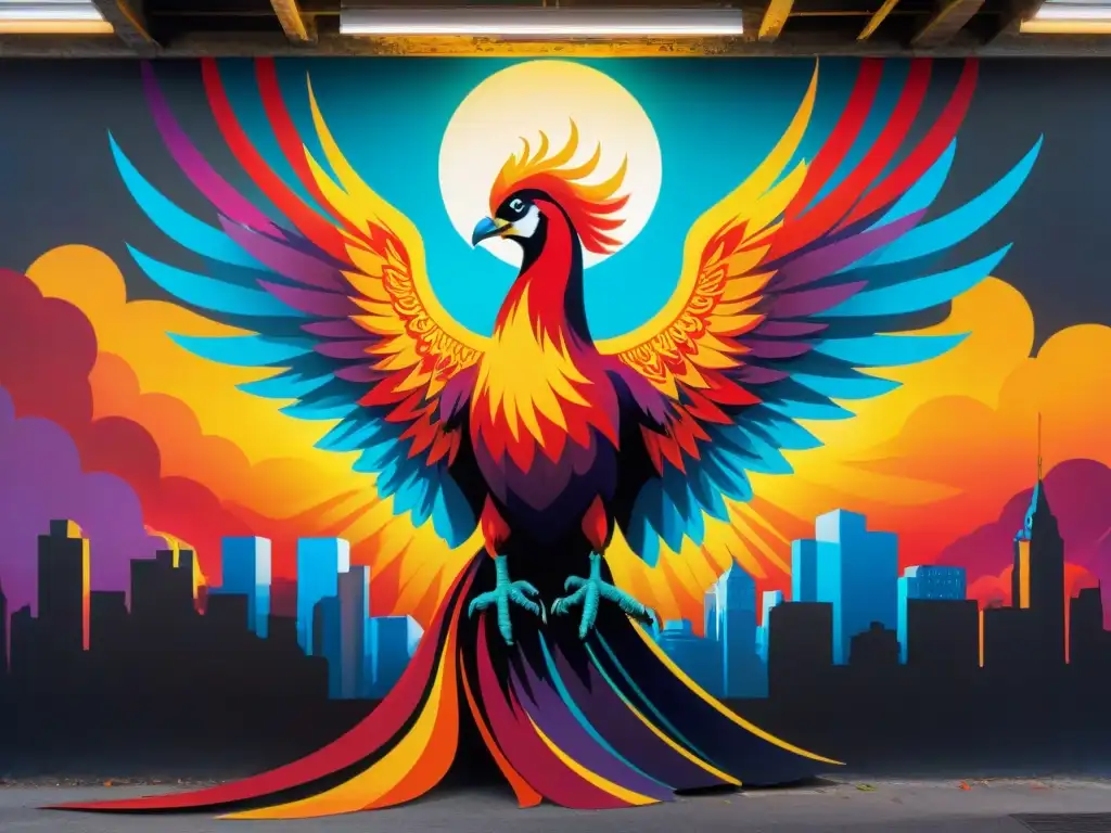 Un majestuoso Fénix emerge del caos urbano con sus plumas de fuego brillando, rodeado de arte urbano inspirado en Fénix