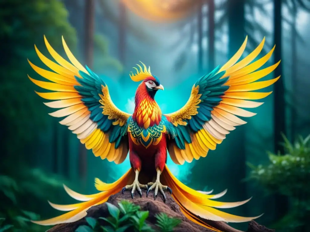 Fénix dorado: símbolo de fuerza y renacimiento en la naturaleza Un majestuoso fénix renace de sus cenizas en un bosque encantado