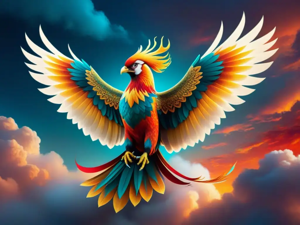 Phoenix dorado en vuelo: majestuosidad y color Un majestuoso fénix surca el cielo, con plumas de fuego brillando bajo la luz del sol