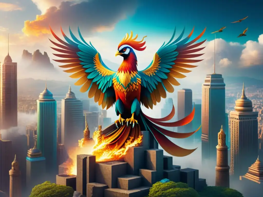Phoenix digital: fusión de mito y tecnología Un majestuoso fénix emerge de una ciudad futurista entre ruinas antiguas, fusionando mito y tecnología en Realidad Aumentada Criaturas Míticas