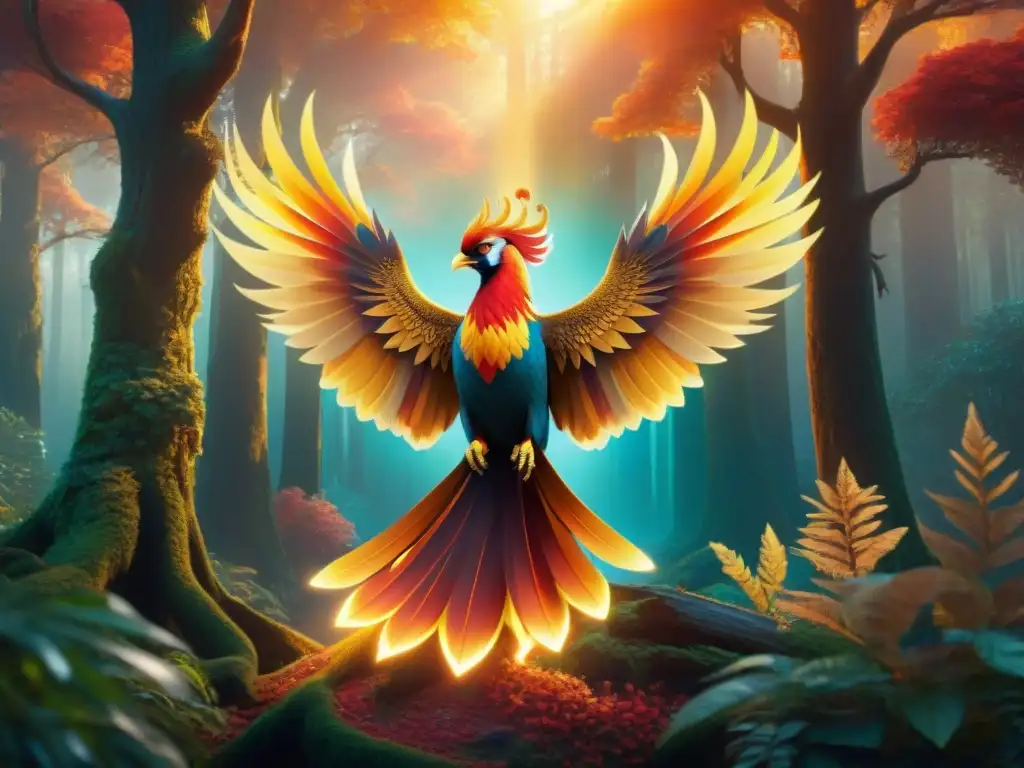 Majestuoso fénix dorado surcando un bosque mágico Un majestuoso fénix dorado surca un bosque místico, habitado por criaturas míticas contemporáneas