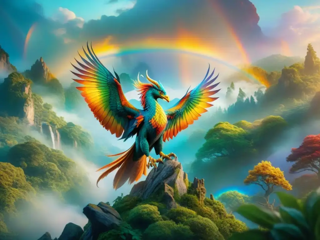 Phoenix iridiscente sobre bosque encantado Un majestuoso fénix iridiscente sobrevuela un bosque encantado, junto a criaturas legendarias en el siglo XXI