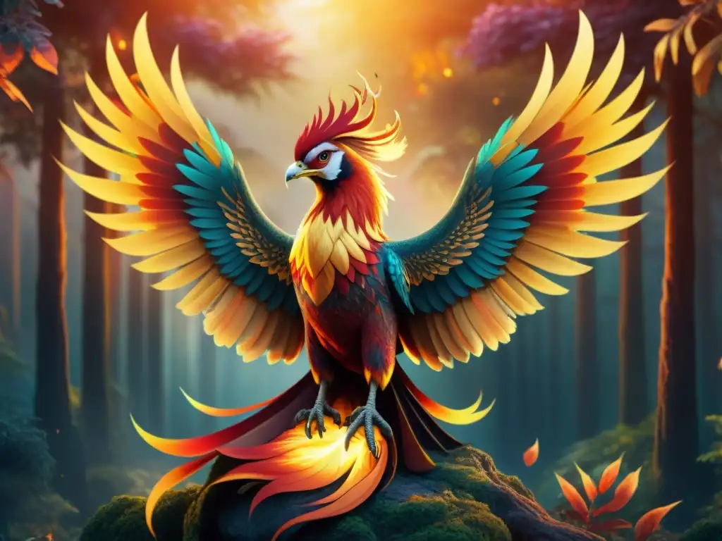 Fénix dorado: renacimiento y poder en la naturaleza mística Un majestuoso fénix se eleva entre llamas, con plumas doradas, carmesí y naranjas brillantes