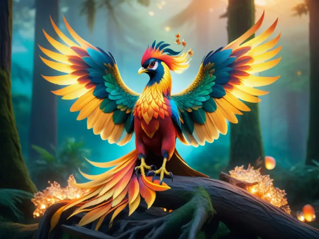Un majestuoso fénix se eleva desde llamas vibrantes en un bosque mágico iluminado por linternas