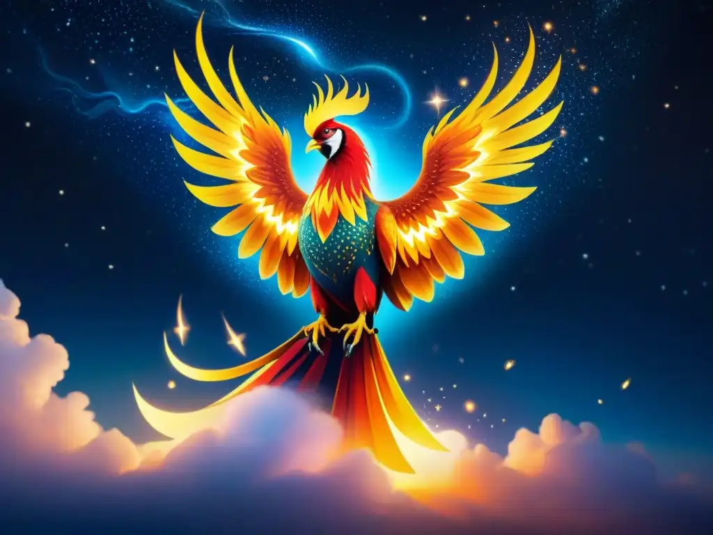 Un majestuoso fénix surgiendo de llamas vibrantes bajo un cielo estrellado, simbolizando la creatividad ilimitada