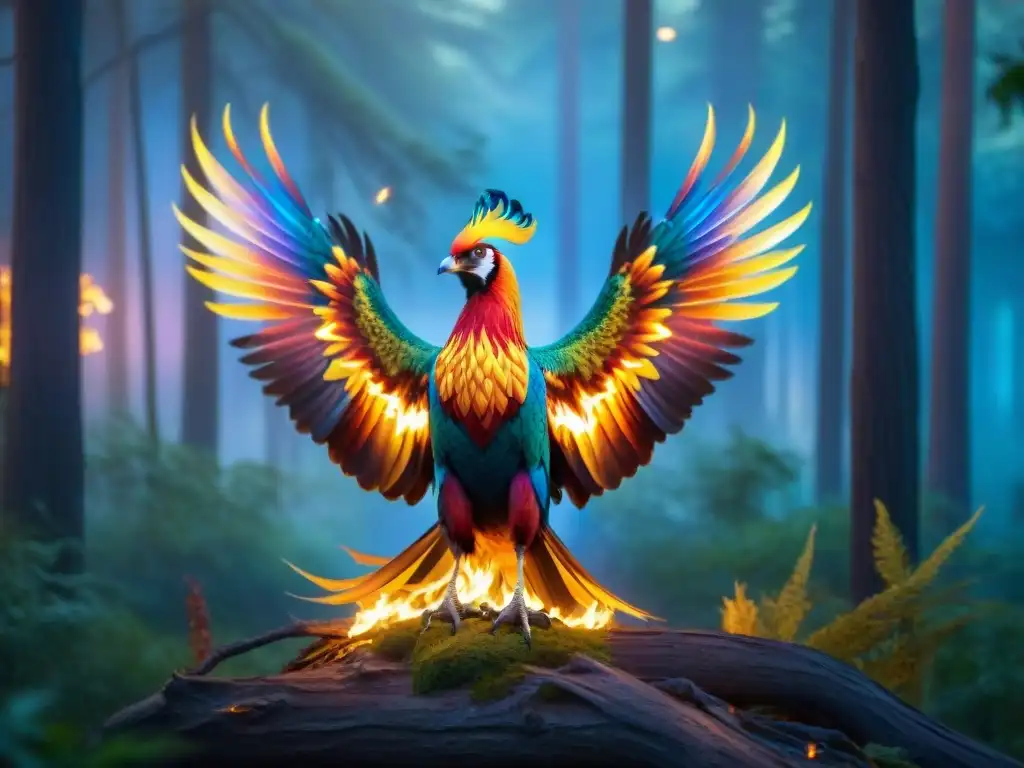 Un majestuoso fénix surgiendo de llamas vibrantes en un bosque místico, iluminando con luz iridiscente