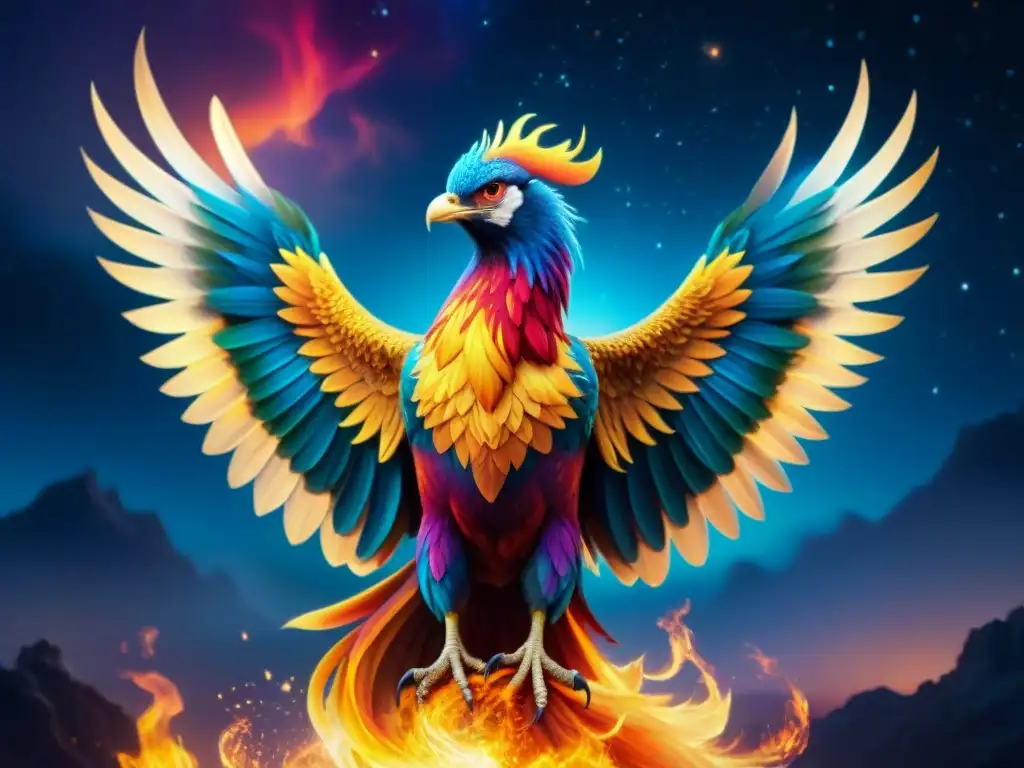 Majestuoso fénix en llamas y galaxias: arte 8k Un majestuoso fénix surgiendo de llamas vibrantes en un cielo crepuscular lleno de galaxias y constelaciones, su mirada intensa dirigida hacia el espectador, irradiando poder y gracia mientras vuela por el lienzo celestial, encarnando la esencia etérea de la magia y