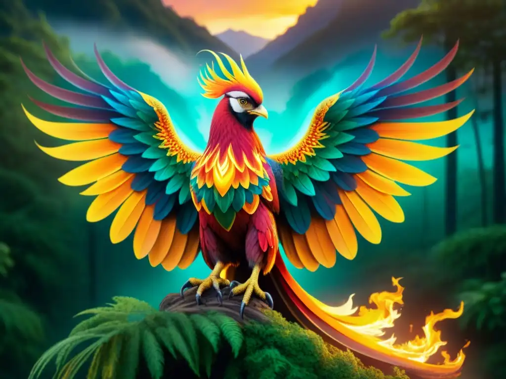 Fénix majestuoso emerge de las llamas vibrantes Un majestuoso fénix emerge de llamas vibrantes, sus plumas brillan con colores iridiscentes en un bosque mágico