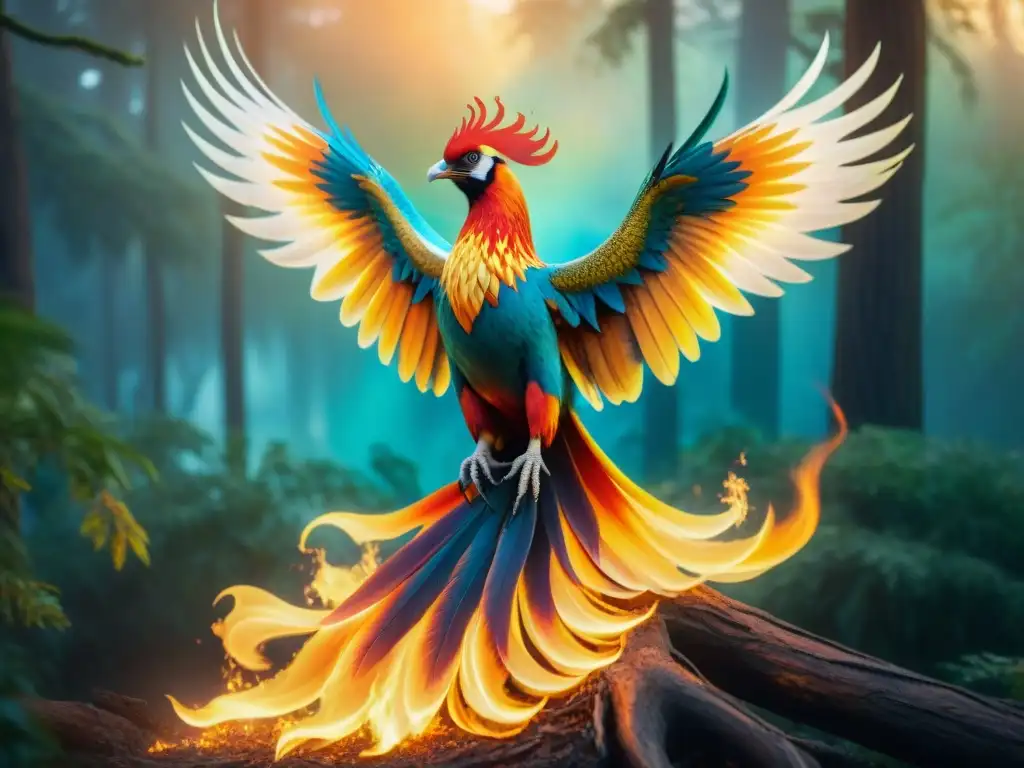 Renacimiento místico: Fénix dorado en llamas Un majestuoso fénix emerge de llamas vibrantes, con plumas doradas, rojas y naranjas