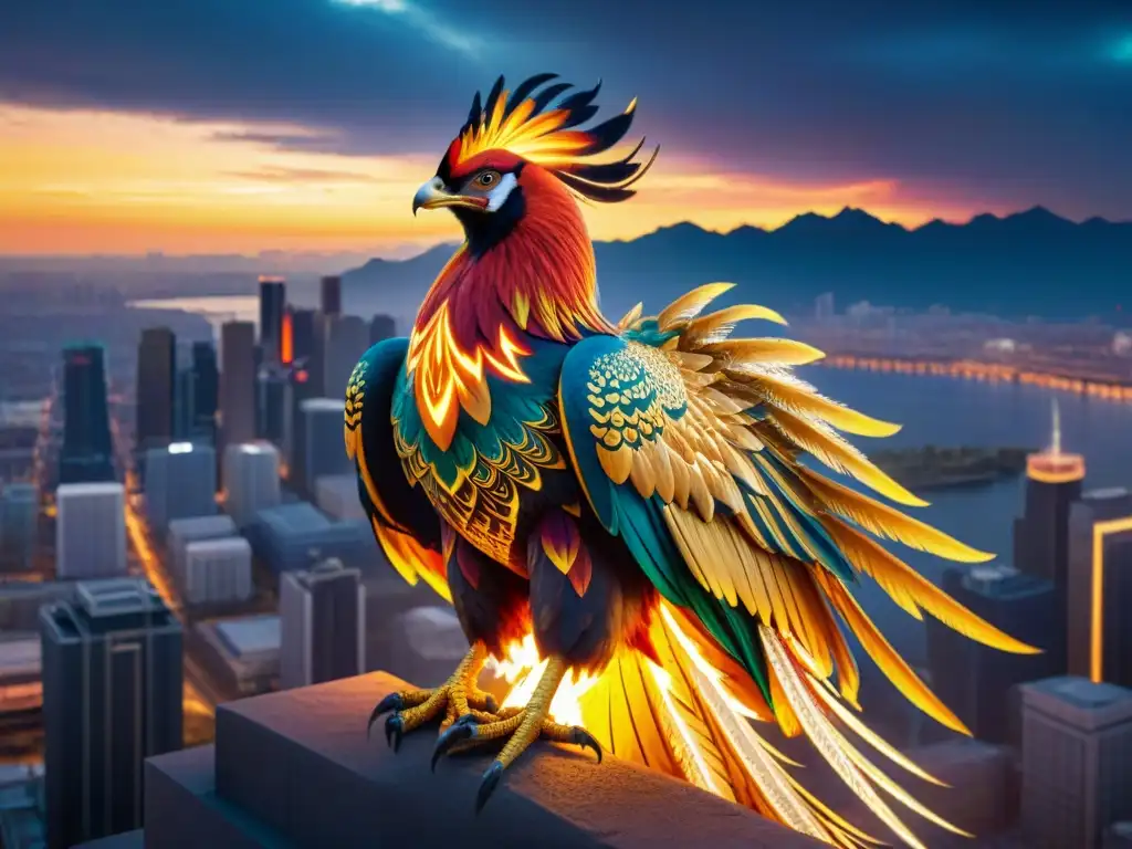 Fénix majestuoso surcando cielo urbano al atardecer Un majestuoso fénix con plumas de fuego sobrevuela una ciudad moderna al atardecer, iluminando las calles con un resplandor cálido