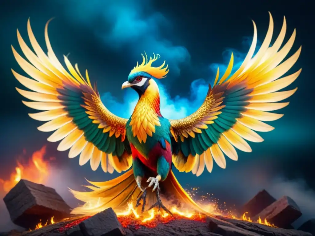 Un majestuoso fénix con plumas multicolores se eleva desde brasas brillantes, desplegando sus alas en un espectáculo de belleza ardiente