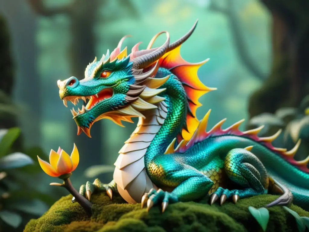 Dragón protector de figuras mágicas en bosque encantado Un majestuoso dragón cuida figuras coleccionables de mitos en un bosque místico