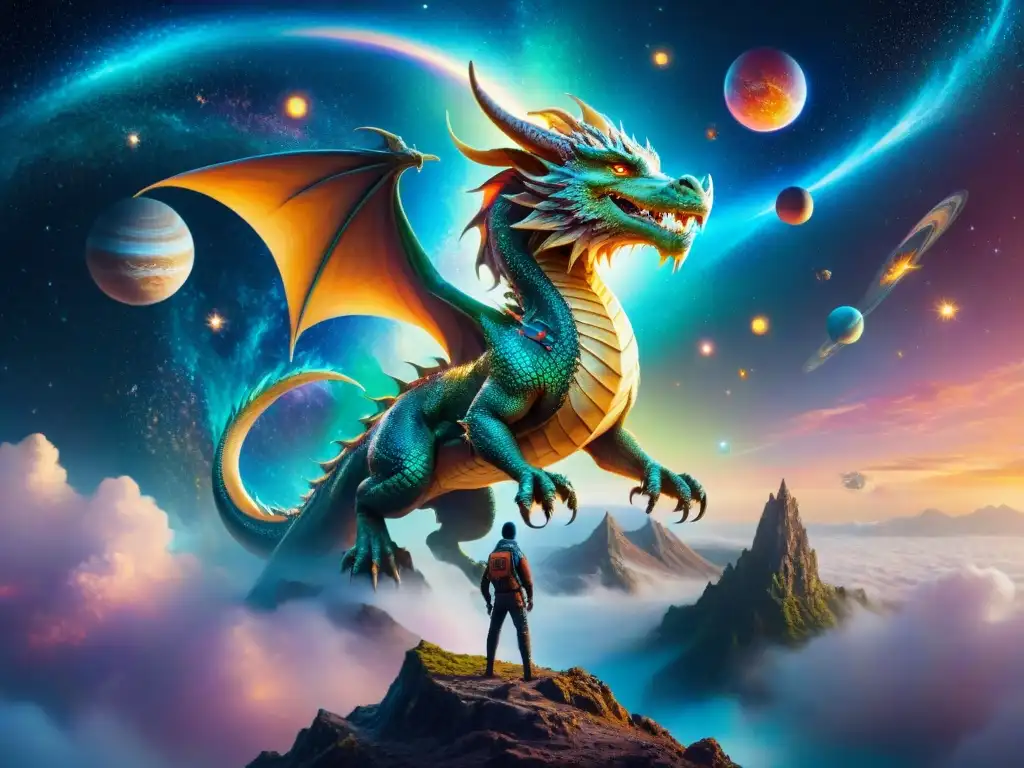 Dragón cósmico en galaxia mágica Un majestuoso dragón surca una galaxia vibrante rodeado de criaturas míticas y vida extraterrestre