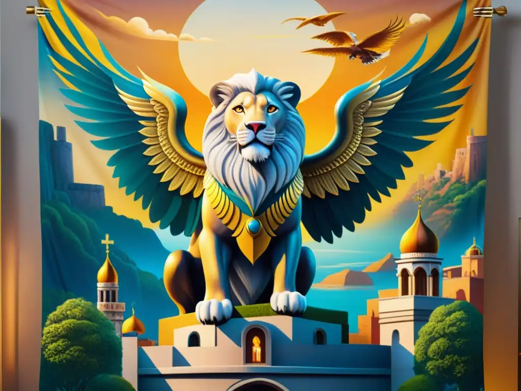 Grifo majestuoso sobre antigua ciudad: mitología y asombro Un majestuoso grifo sobrevuela una ciudad antigua, adornado con plumas de oro y plata