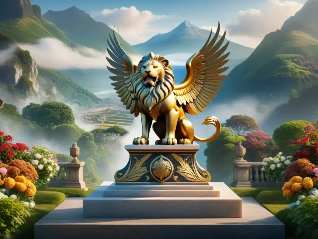Grifo majestuoso en jardín encantado con alas desplegadas Un majestuoso grifo, mitad león mitad águila, posado en un pedestal de mármol con intrincados grabados de batallas antiguas