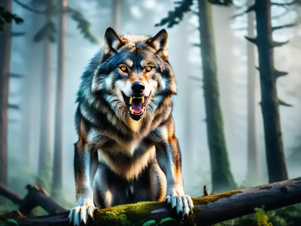 Retrato místico de un lobo humano en la oscuridad de la noche Un majestuoso hombre lobo con ojos amarillos bajo la luz de la luna llena en un bosque místico