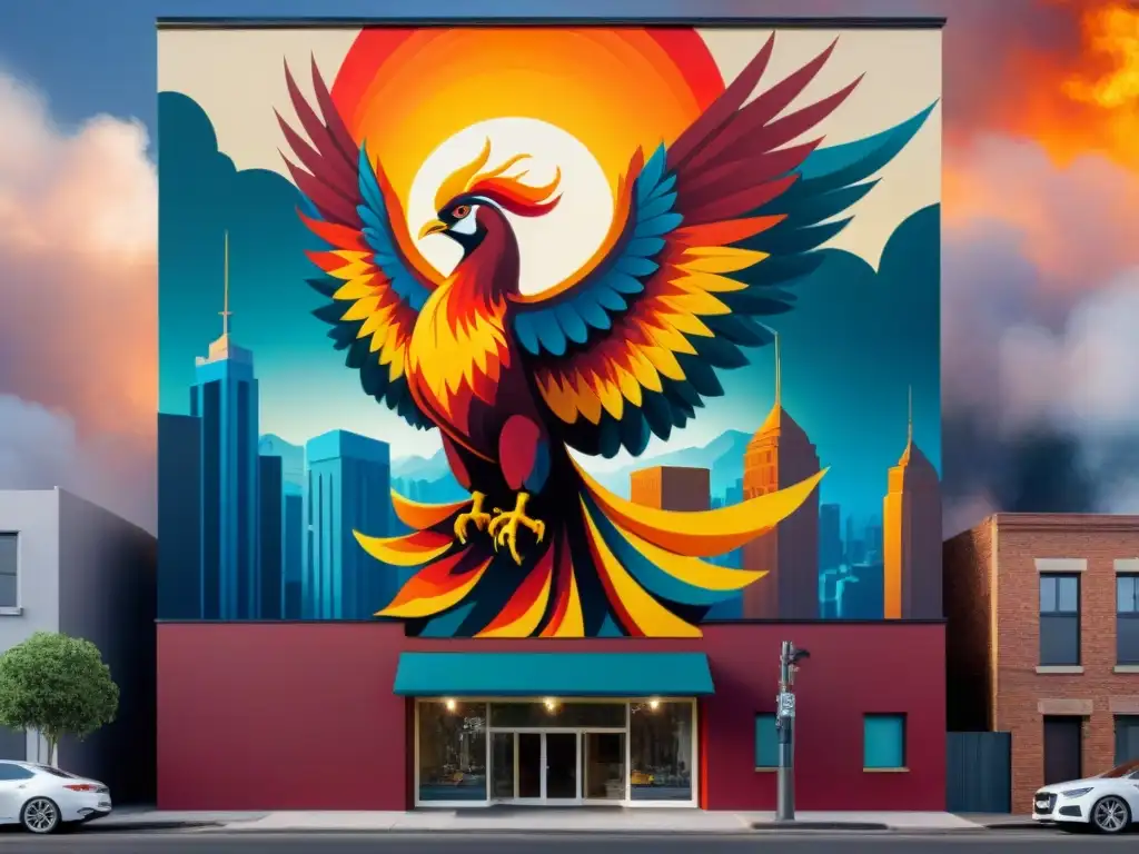 Un majestuoso mural urbano inspirado en Fénix, con plumaje vibrante y alas extendidas