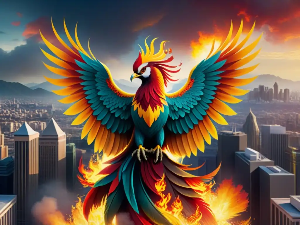Un majestuoso mural urbano inspirado en Fénix, con plumas vibrantes en tonos de rojo, dorado y naranja, simbolizando poder y renacimiento en la ciudad