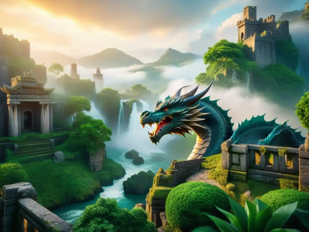 Dragón majestuoso surcando paisaje místico en 8k Un majestuoso dragón surca un paisaje místico junto a ruinas antiguas y exuberante vegetación