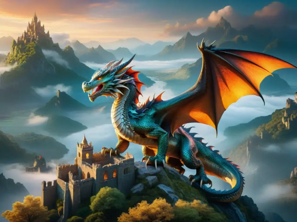 Dragón majestuoso surcando paisaje mágico en 8k Un majestuoso dragón surca un paisaje místico lleno de ruinas antiguas y artefactos, con escamas iridiscentes bajo el sol poniente
