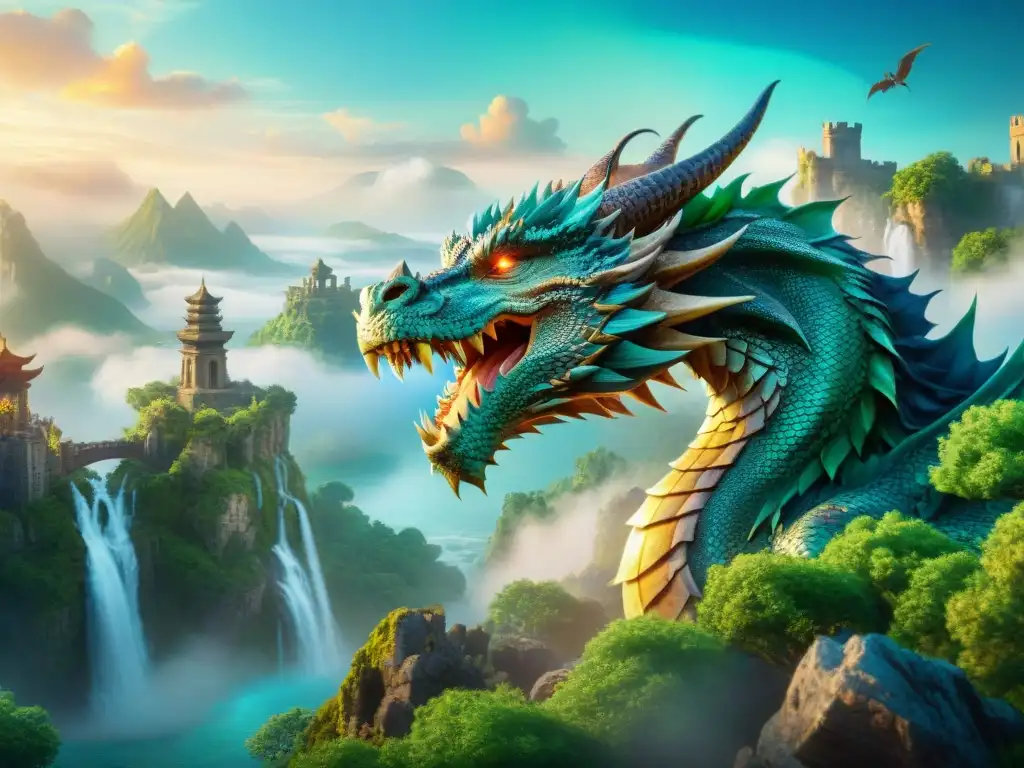 Dragón majestuoso surcando paisaje místico Un majestuoso dragón surca un paisaje místico lleno de ruinas antiguas y artefactos