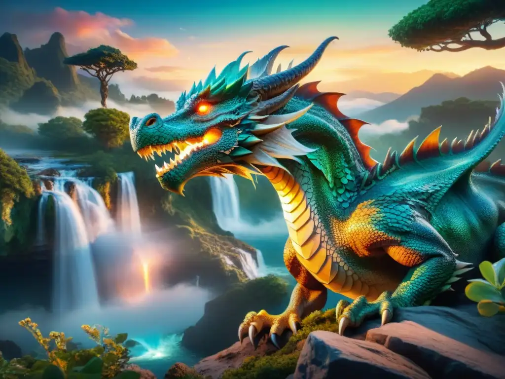 Dragón majestuoso en paisaje mágico y vibrante Un majestuoso dragón surca un paisaje vibrante y mágico, evolución criaturas fantásticas videojuegos