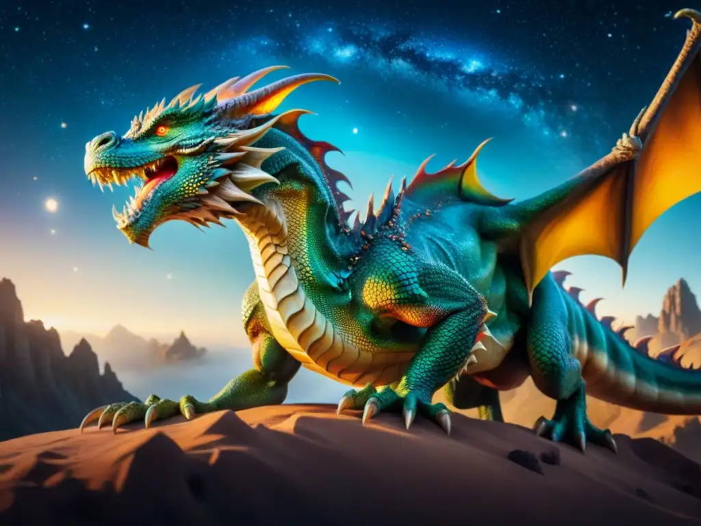 Dragón cuántico en paisaje cósmico Dragón majestuoso entre partículas cuánticas y universo en deslumbrante sinfonía, más allá comprensión cuántica