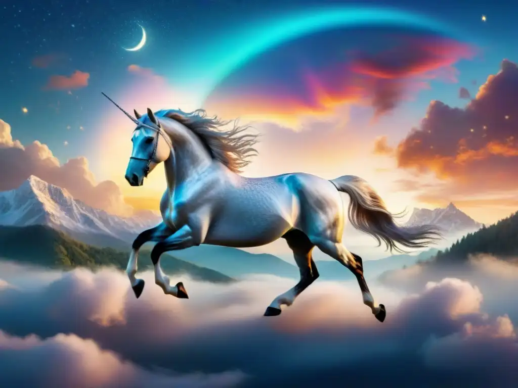Pegaso mágico surcando el cielo estrellado Un majestuoso Pegaso surcando un cielo colorido, con alas iridiscentes desplegadas entre nubes y estrellas brillantes
