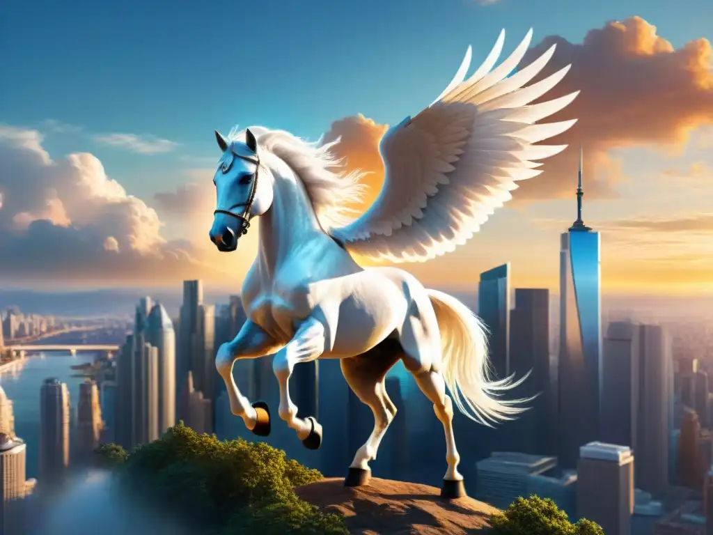 Pegaso: mito y modernidad en un vuelo majestuoso Un majestuoso Pegaso mitológico surcando el cielo de la ciudad, fusionando mito y modernidad