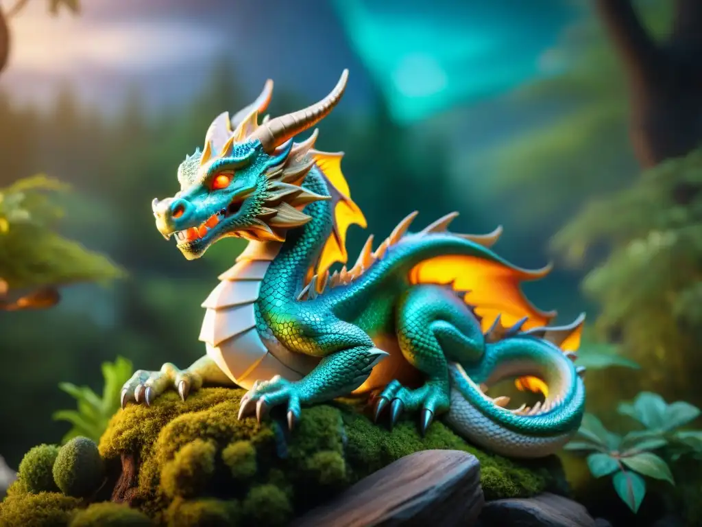 Dragón místico protege figurillas de leyenda en bosque encantado Un majestuoso dragón protege con sabiduría figuras coleccionables de mitos en un bosque místico iluminado por la luna