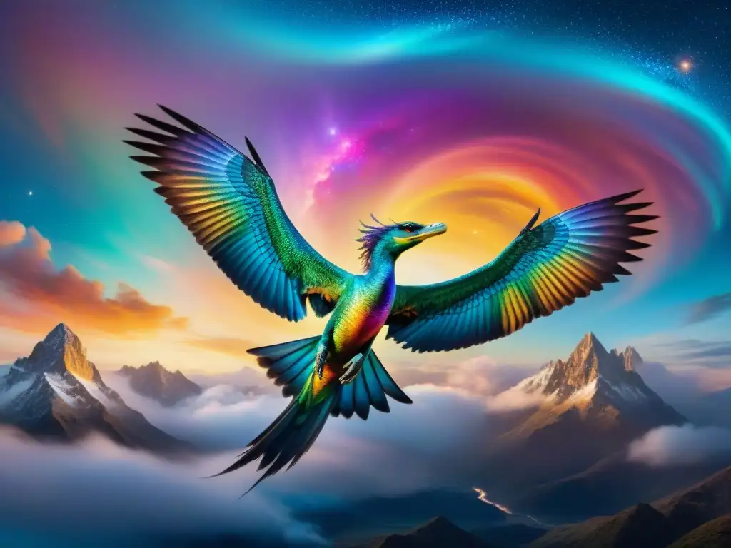 Sky Serpent: Majestuoso vuelo entre astros Un majestuoso 'Serpiente Celestial' surca un cielo vibrante, con escamas iridiscentes y alas plumadas