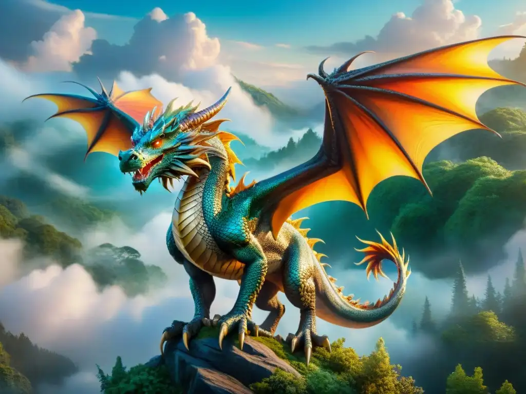 Dragón majestuoso surcando un cielo místico Dragón majestuoso surca cielo místico con seres fantásticos avistados, exudando poder y sabiduría ancestral