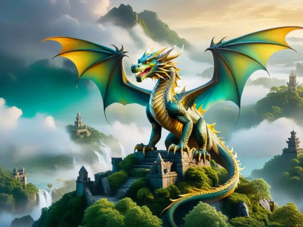 Dragón majestuoso surcando cielos místicos Dragón majestuoso surca cielo nublado entre ruinas y islas flotantes, en paisaje mágico