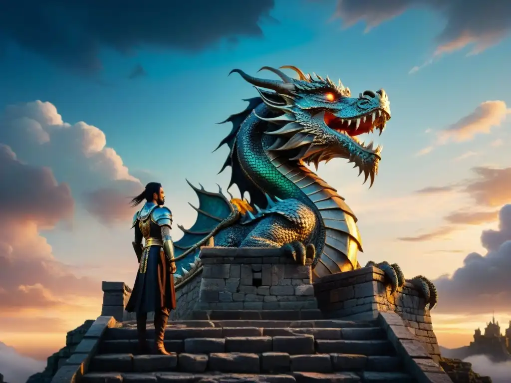 Dragón majestuoso sobre torre en ruinas, escudero desafiante, cielo estrellado