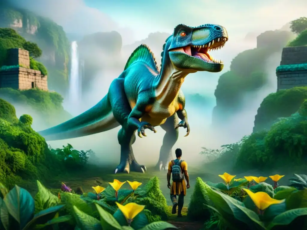 Valle místico: dinosaurio iridiscente y tribu en reverencia Majestuoso Valle MokeleMbembe último dinosaurio entre la neblina y la naturaleza exuberante, rodeado de tribu admiradora