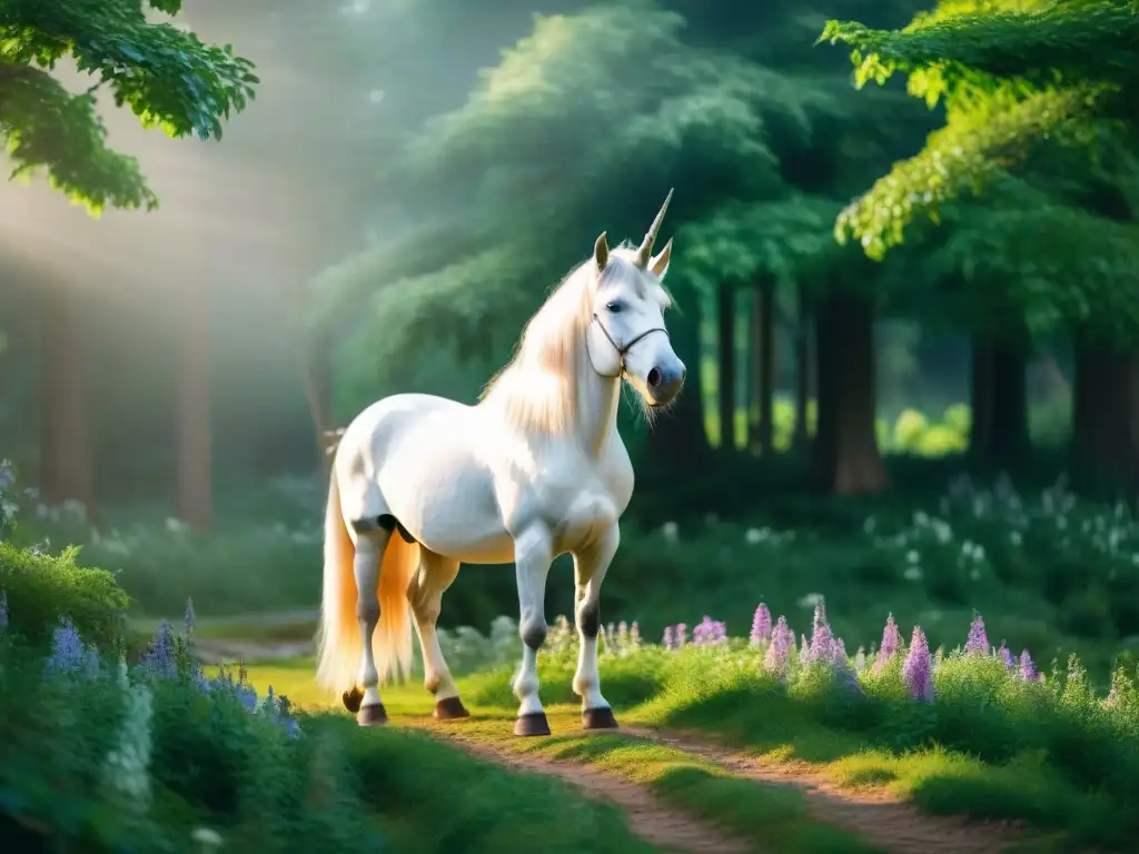 Unicornio místico en bosque medieval Un majestuoso unicornio blanco con cuerno plateado en un bosque místico, evocando la magia de los unicornios en la cultura contemporánea