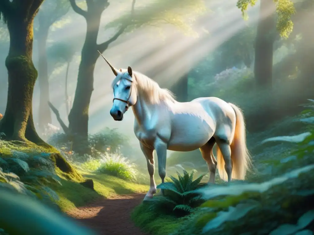 Unicornio mágico en bosque encantado Un majestuoso unicornio en un bosque místico, su cuerno perlado brilla bajo la luz solar filtrada entre árboles antiguos