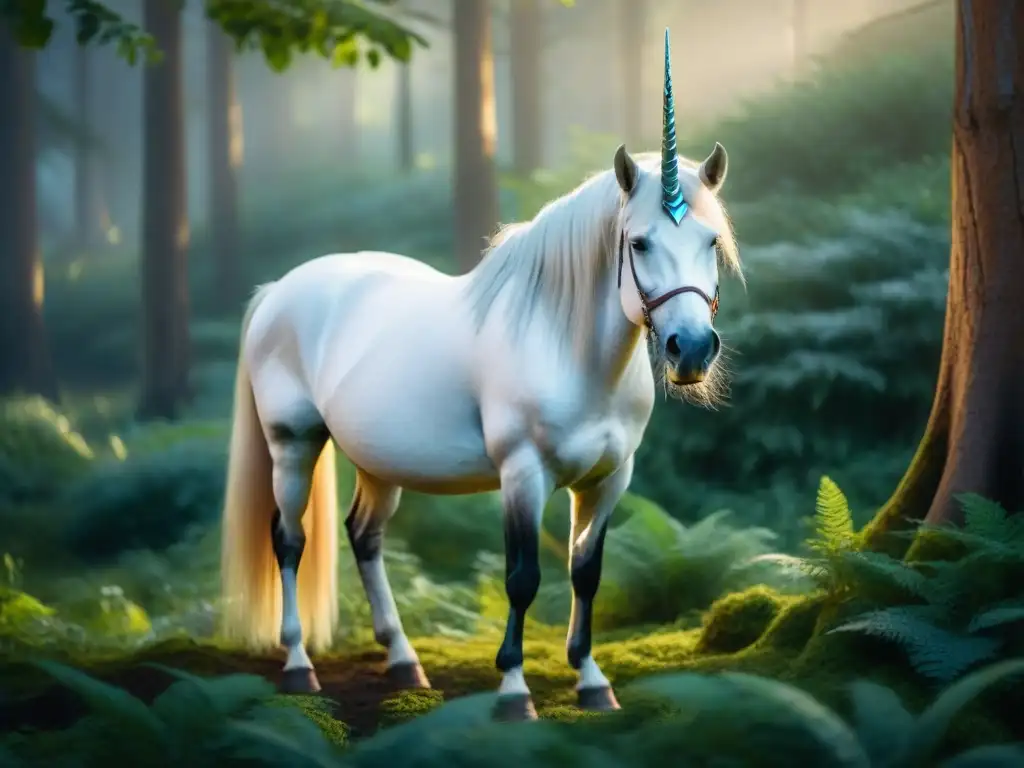 Unicornio mágico en bosque místico Un majestuoso unicornio en un bosque místico, con melena plateada y cuerno iridiscente, rodeado de mariposas