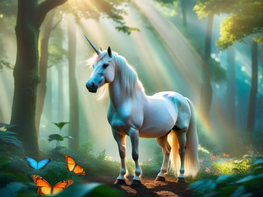 Unicornio mágico en el bosque encantado Un majestuoso unicornio en un bosque místico con mariposas, luz cálida y ambiente mágico