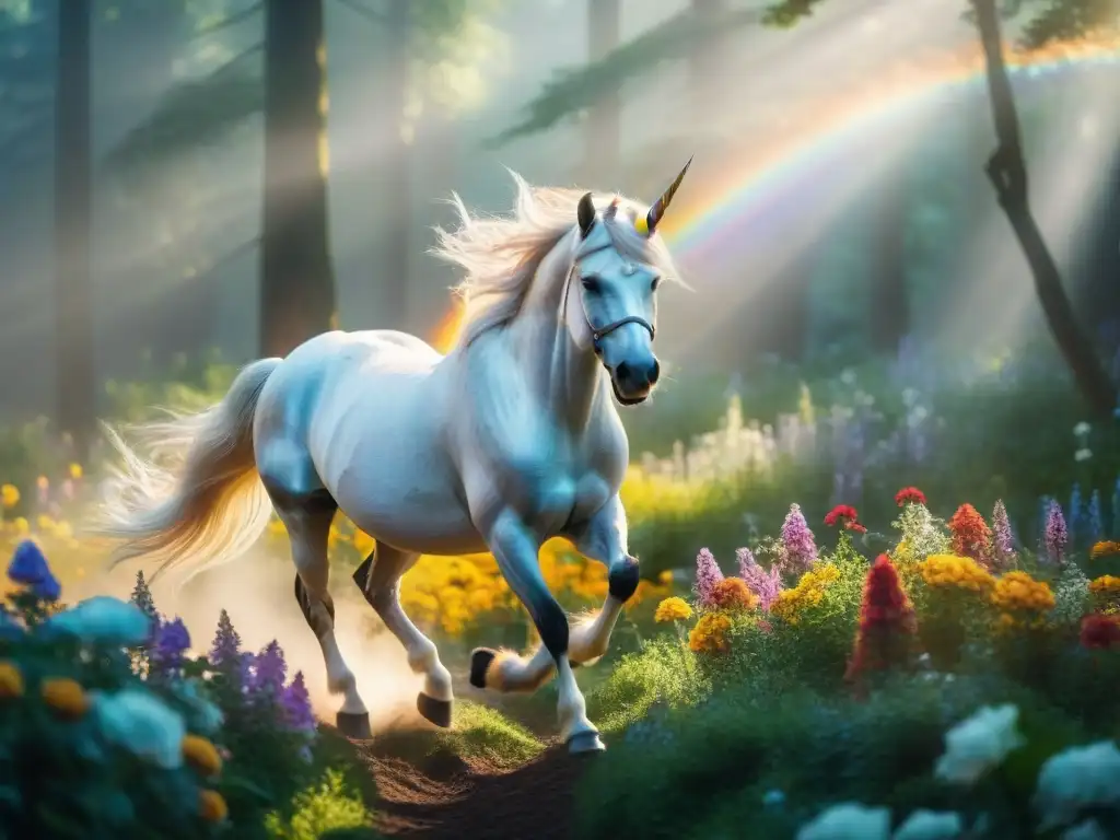 Unicornio mágico galopando en un bosque encantado Un majestuoso unicornio galopa por un bosque místico, reflejando la magia de los unicornios en la cultura contemporánea