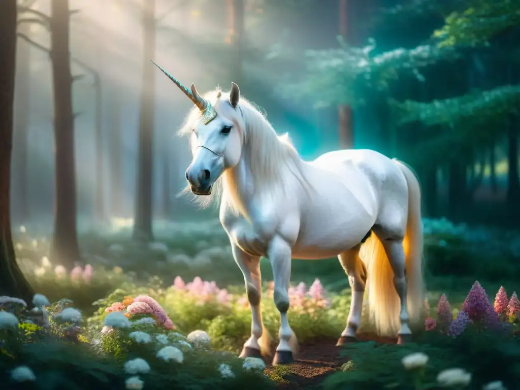 Unicornio mágico en bosque encantado Un majestuoso unicornio en un bosque místico, su melena iridiscente ondeando al viento mientras mira con regia serenidad