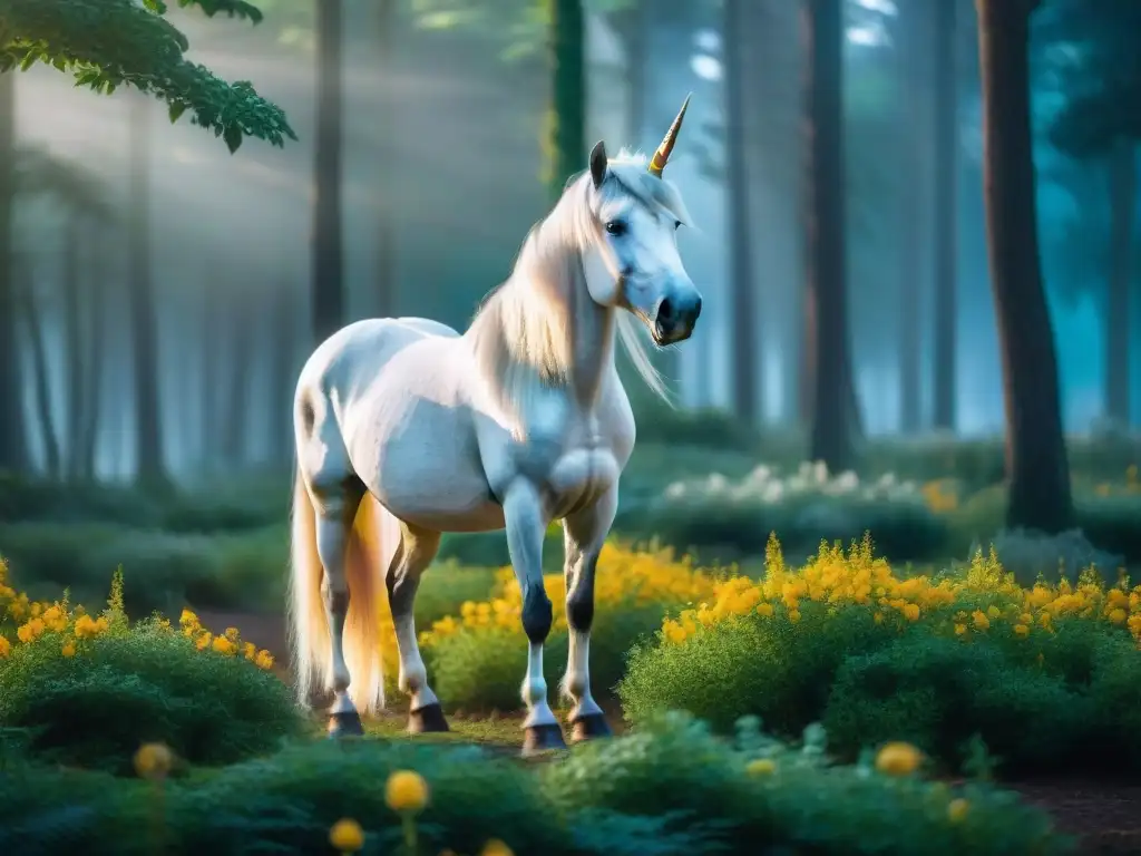 Unicornio plateado en bosque místico bajo luna Un majestuoso unicornio con crin plateada en un bosque místico iluminado por la luna, evocando la magia de los unicornios en la cultura contemporánea